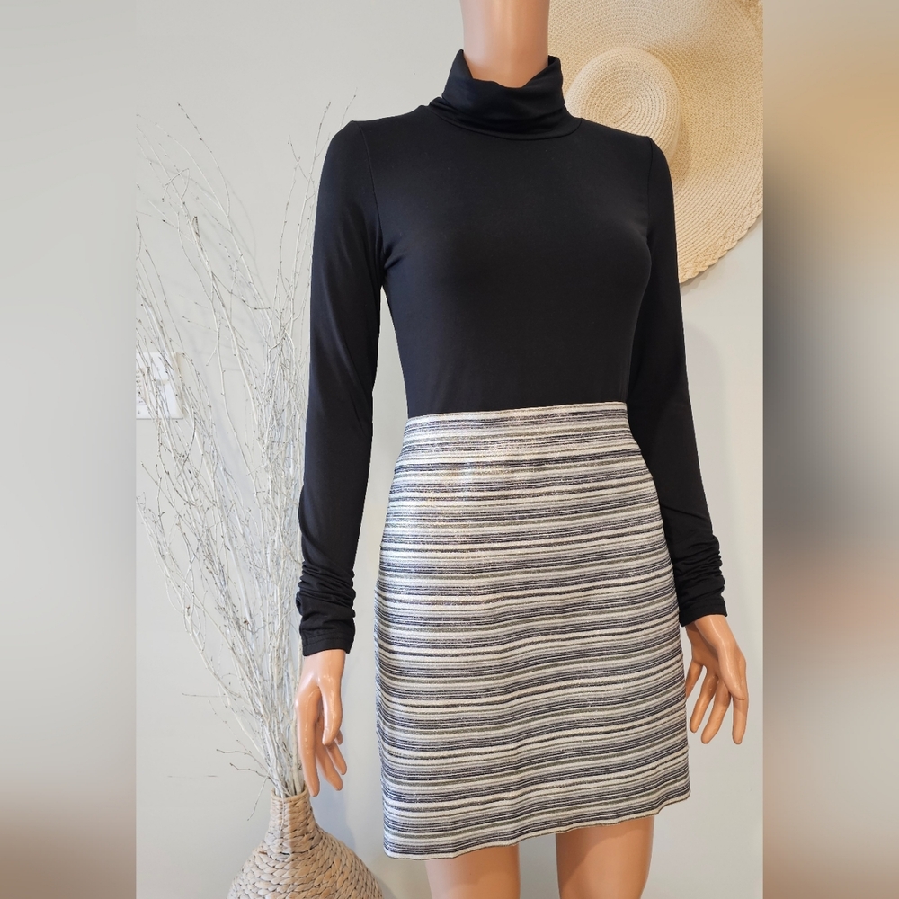 Anthropologie GREYLIN Silver Black Lurex Stripes Pencil Mini Skirt